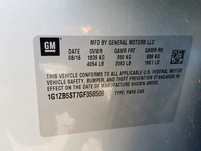 1G1ZB5ST7GF358508 - 2016 CHEVROLET MALIBU LS SILVER photo 10