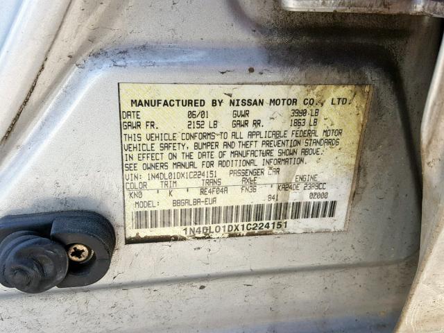 1N4DL01DX1C224151 - 2001 NISSAN ALTIMA XE SILVER photo 10