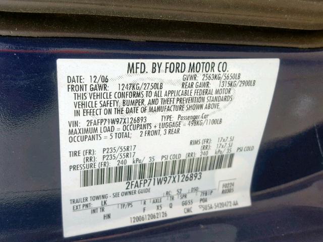 2FAFP71W97X126893 - 2007 FORD CROWN VICT BLUE photo 10