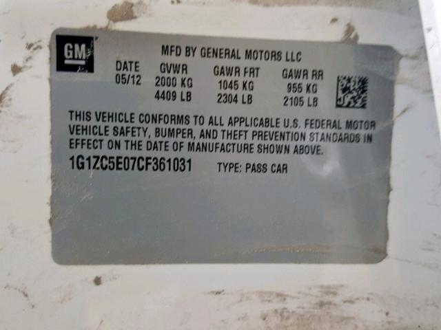 1G1ZC5E07CF361031 - 2012 CHEVROLET MALIBU 1LT WHITE photo 10