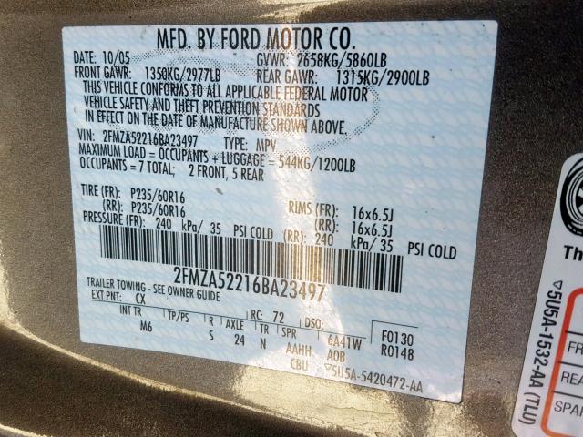 2FMZA52216BA23497 - 2006 FORD FREESTAR S CHARCOAL photo 10