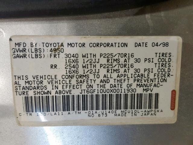 JT6GF10U0X0011930 - 1999 LEXUS RX 300 SILVER photo 10