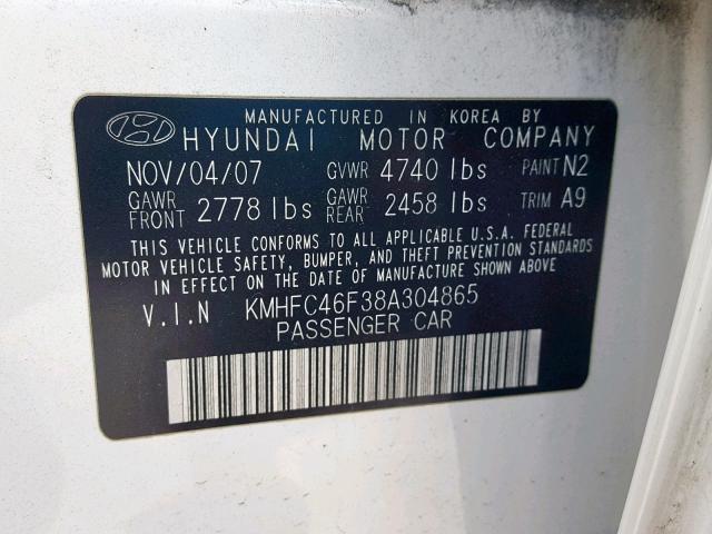 KMHFC46F38A304865 - 2008 HYUNDAI AZERA SE WHITE photo 10