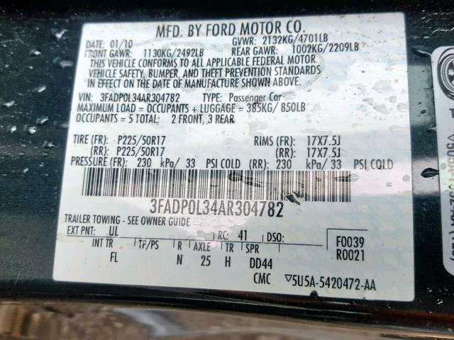 3FADP0L34AR304782 - 2010 FORD FUSION HYB BLACK photo 10