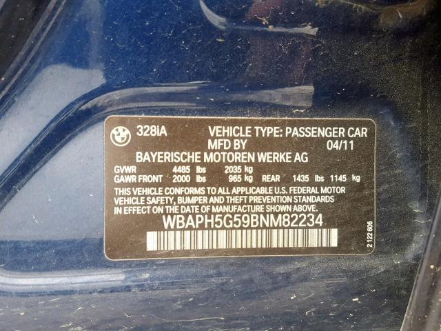 WBAPH5G59BNM82234 - 2011 BMW 328 I SULE BLUE photo 10