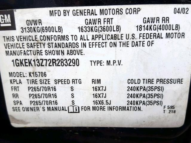 1GKEK13Z72R283290 - 2002 GMC YUKON BLACK photo 10