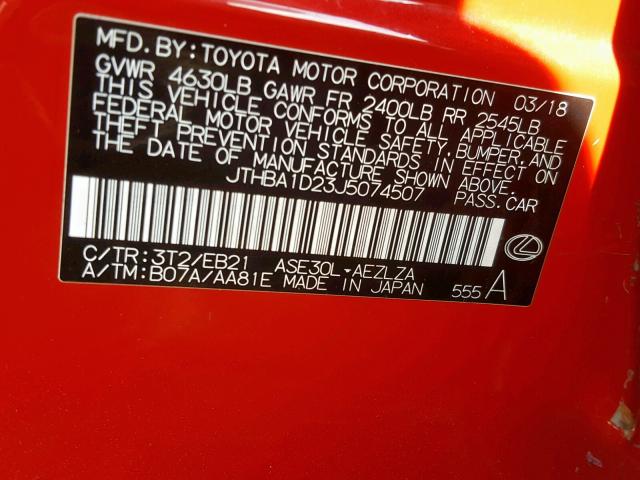 JTHBA1D23J5074507 - 2018 LEXUS IS 300 RED photo 10