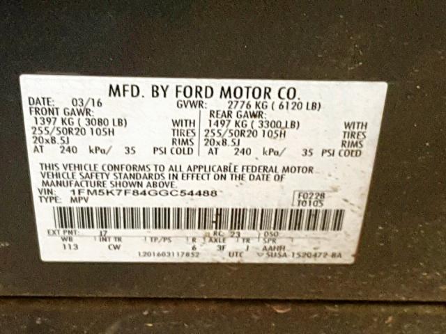 1FM5K7F84GGC54488 - 2016 FORD EXPLORER L CHARCOAL photo 10