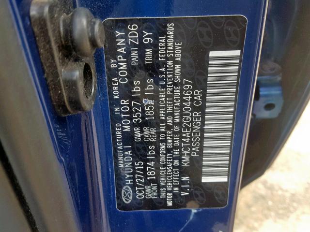 KMHCT4AE2GU044697 - 2016 HYUNDAI ACCENT SE BLUE photo 10