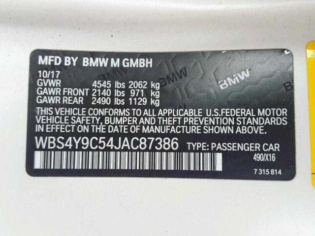 WBS4Y9C54JAC87386 - 2018 BMW M4 WHITE photo 10