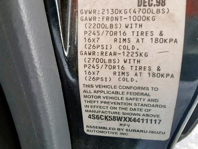 4S6CK58WXX4411117 - 1999 HONDA PASSPORT E შავი ფოტო 10