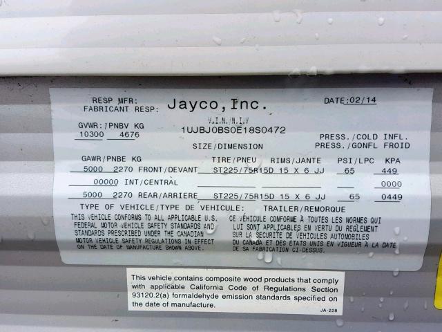 1UJBJ0BS0E18S0472 - 2014 JAYCO JAYFLIGHT  WHITE photo 10