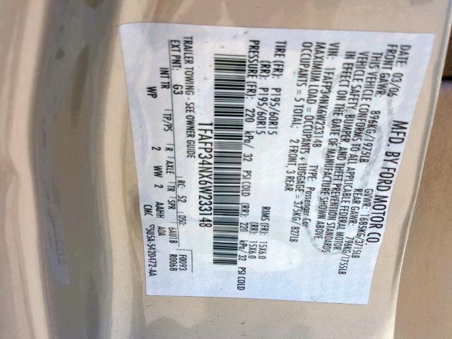 1FAFP34NX6W233148 - 2006 FORD FOCUS ZX4 GOLD photo 10