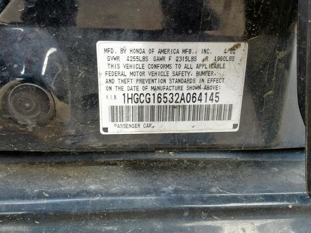 1HGCG16532A064145 - 2002 HONDA ACCORD EX BLACK photo 10