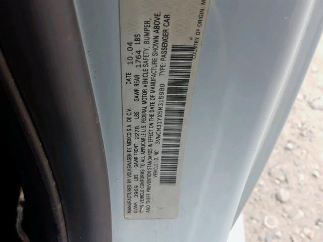 3VWCM31YX5M315980 - 2005 VOLKSWAGEN NEW BEETLE ლურჯი ფოტო 10