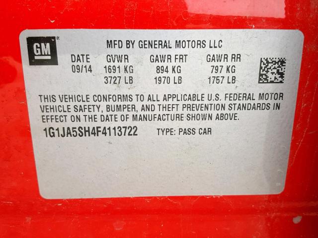 1G1JA5SH4F4113722 - 2015 CHEVROLET SONIC LS RED photo 10