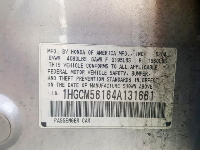 1HGCM56164A131661 - 2004 HONDA ACCORD DX SILVER photo 10