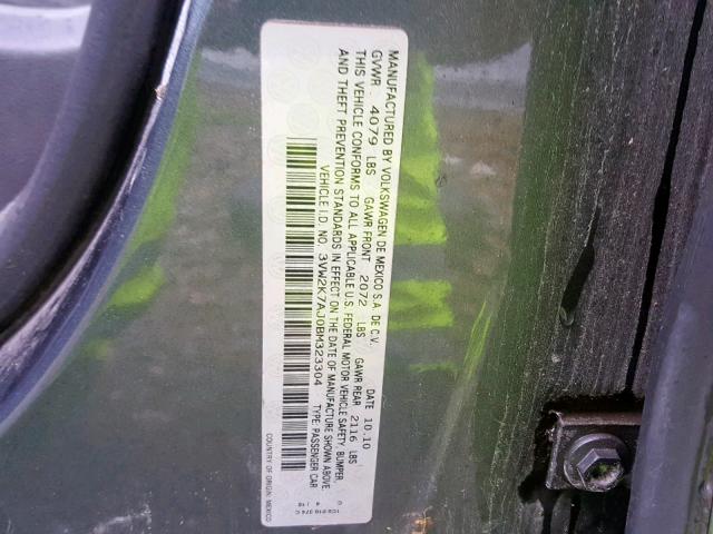 3VW2K7AJ0BM323304 - 2011 VOLKSWAGEN JETTA BASE GRAY photo 10