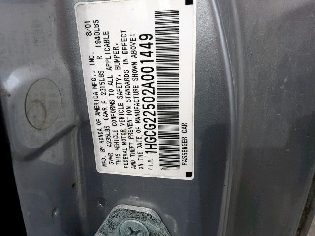 1HGCG22502A001449 - 2002 HONDA ACCORD EX SILVER photo 10