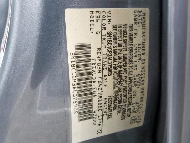 3N1BC1CP3AL375905 - 2010 NISSAN VERSA S GRAY photo 10