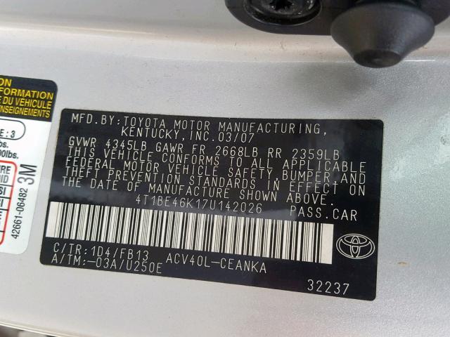 4T1BE46K17U142026 - 2007 TOYOTA CAMRY NEW SILVER photo 10