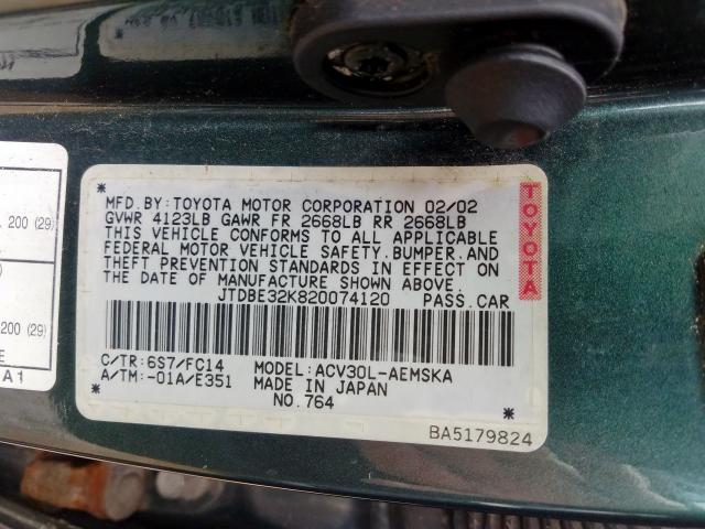 JTDBE32K820074120 - 2002 TOYOTA CAMRY LE  photo 10