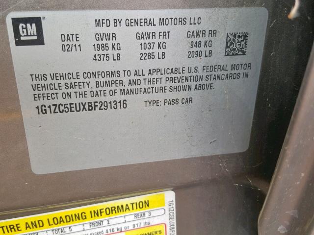 1G1ZC5EUXBF291316 - 2011 CHEVROLET MALIBU 1LT 金色 照片 10