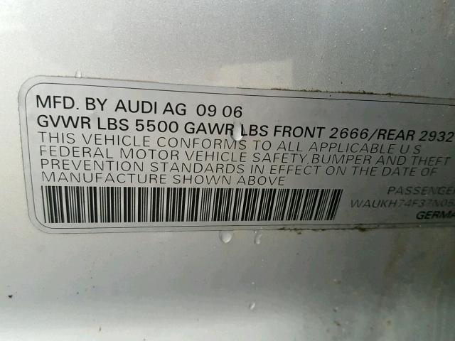 WAUKH74F37N053956 - 2007 AUDI A6 AVANT Q SILVER photo 10