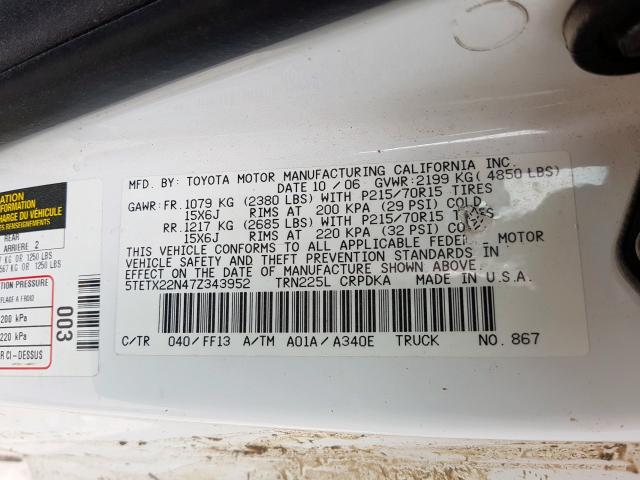 5TETX22N47Z343952 - 2007 TOYOTA TACOMA ACCESS CAB  ფოტო 10
