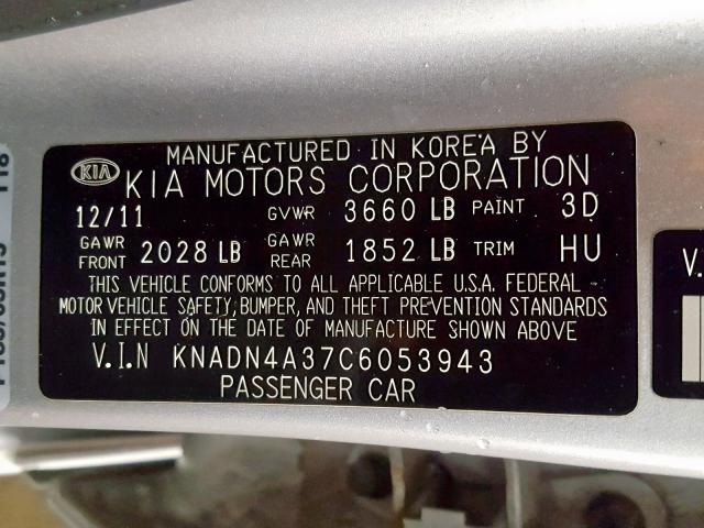 KNADN4A37C6053943 - 2012 KIA RIO EX SILVER photo 10