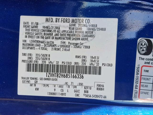 1ZVHT82H685166336 - 2008 FORD MUSTANG GT BLUE photo 10