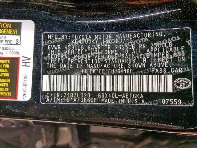 4T1BK1EB1FU164180 - 2015 TOYOTA AVALON XLE BLACK photo 10