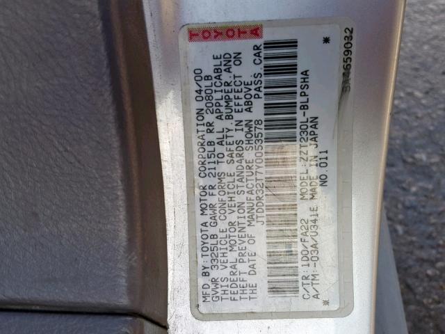 JTDDR32T7Y0053578 - 2000 TOYOTA CELICA GT SILVER photo 10