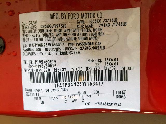 1FAFP34N25W163417 - 2005 FORD FOCUS ZX4 RED photo 10