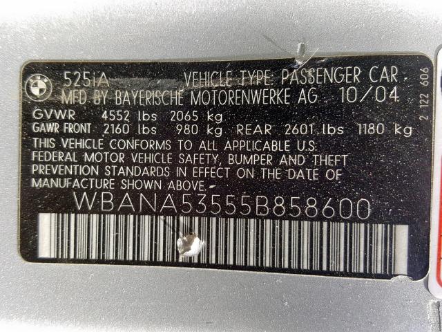 WBANA53555B858600 - 2005 BMW 525 I SILVER photo 10