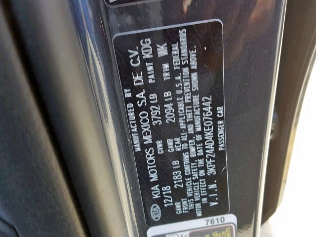 3KPF24AD4KE076442 - 2019 KIA FORTE FE GRAY photo 10