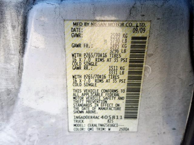 1N6AD0ER4AC405811 - 2010 NISSAN FRONTIER C WHITE photo 10