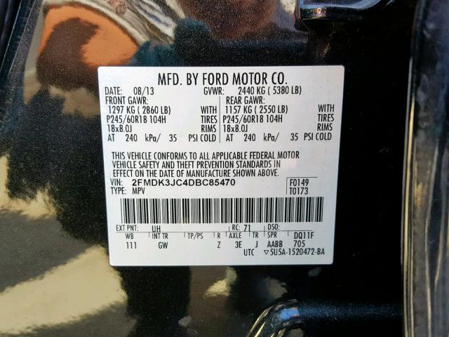 2FMDK3JC4DBC85470 - 2013 FORD EDGE SEL BLACK photo 10