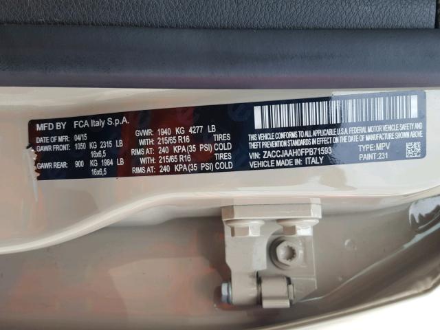 ZACCJAAH0FPB71593 - 2015 JEEP RENEGADE S TAN photo 10