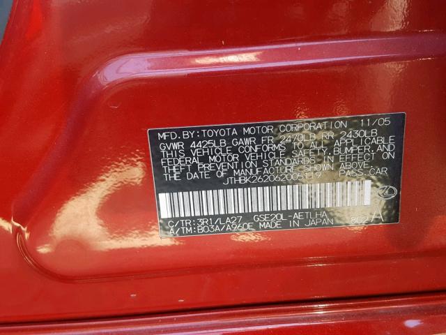 JTHBK262062005119 - 2006 LEXUS IS 250 RED photo 10