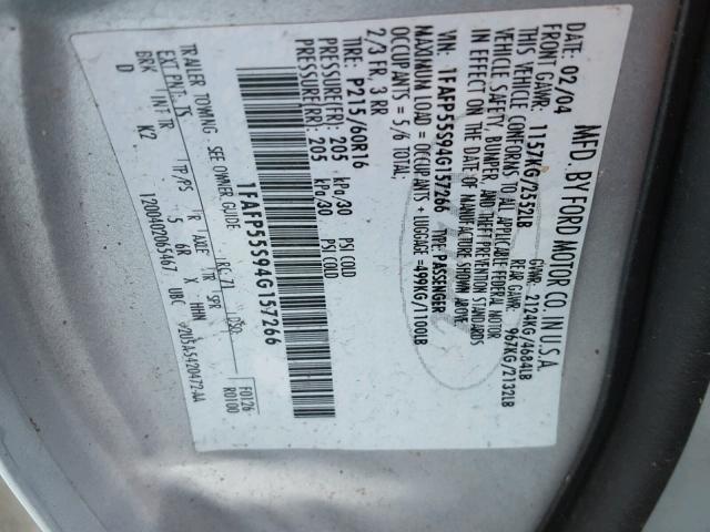 1FAFP55S94G157266 - 2004 FORD TAURUS SES SILVER photo 10