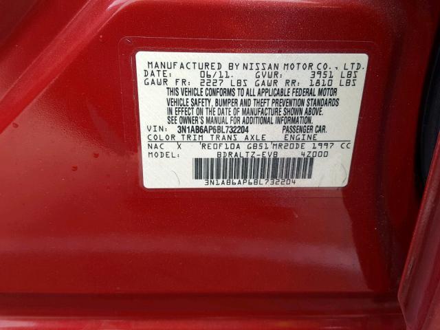 3N1AB6AP6BL732204 - 2011 NISSAN SENTRA 2.0 RED photo 10