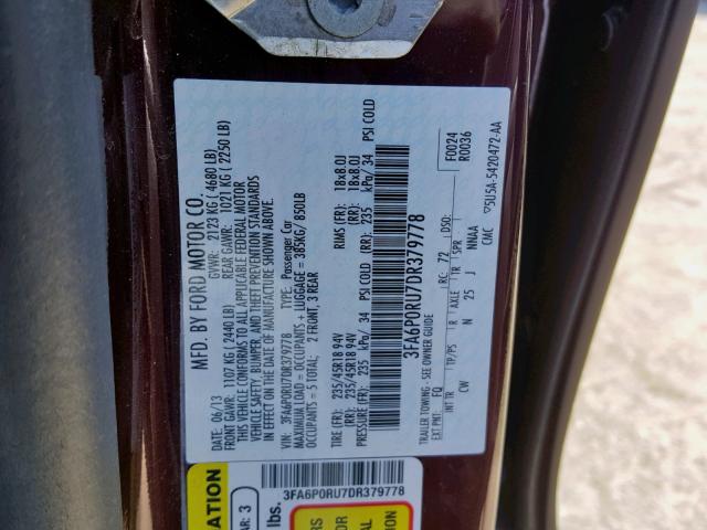 3FA6P0RU7DR379778 - 2013 FORD FUSION TIT BURGUNDY photo 10