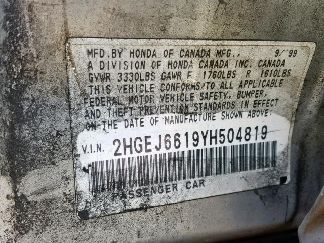 2HGEJ6619YH504819 - 2000 HONDA CIVIC BASE SILVER photo 10