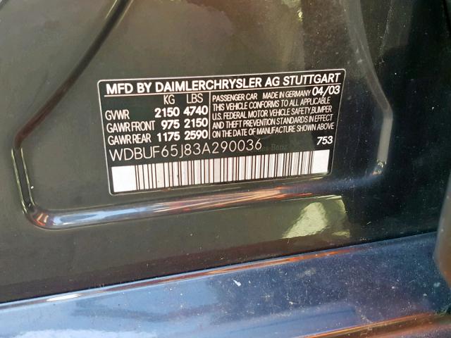 WDBUF65J83A290036 - 2003 MERCEDES-BENZ E 320 GRAY photo 10