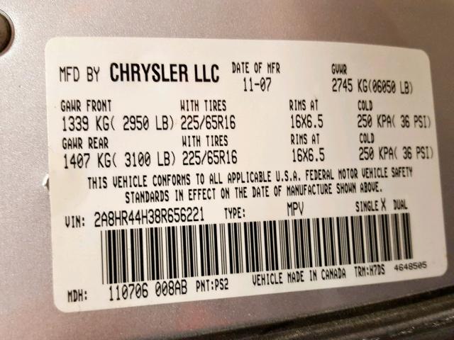 2A8HR44H38R656221 - 2008 CHRYSLER TOWN & COU SILVER photo 10