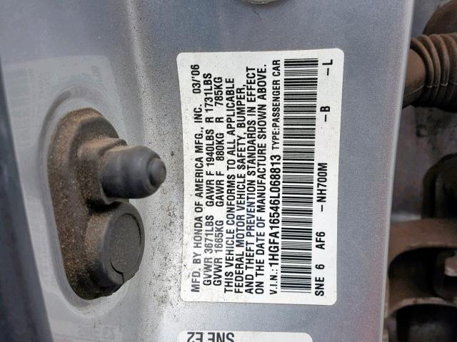 1HGFA16546L068813 - 2006 HONDA CIVIC LX SILVER photo 10