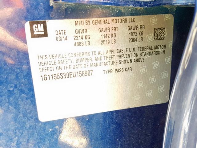 1G1155S30EU158907 - 2014 CHEVROLET IMPALA LTZ BLUE photo 10