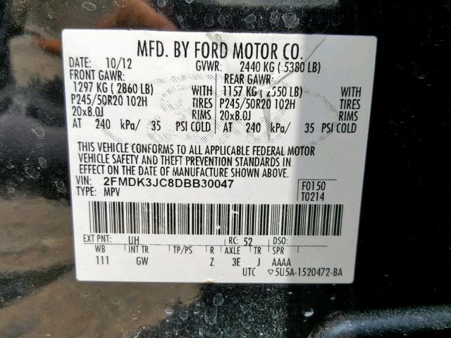 2FMDK3JC8DBB30047 - 2013 FORD EDGE SEL BLACK photo 10