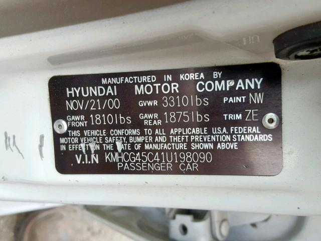 KMHCG45C41U198090 - 2001 HYUNDAI ACCENT GL WHITE photo 10